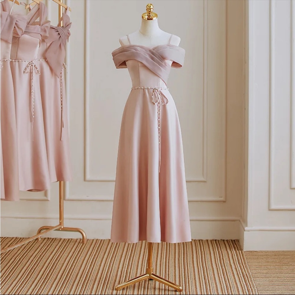 Blush midi off the shoulder dress